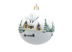 Weihnachtskugel 12cm schneebedeckte Häuser und Kirche   www.glas-produkte.com