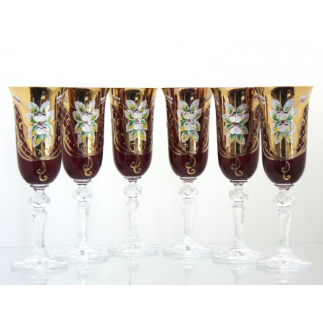 Gläser Champagner, 6 PCs, vergoldet und dekoriert, in Rubin www.sklenenevyrobky.cz