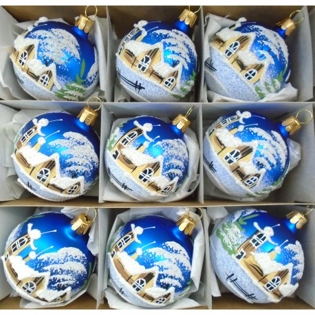 Weihnachtskugeln - Set mit 9 bemalten 6cm Kugeln, blau matt  www.sklenenevyrobky.cz