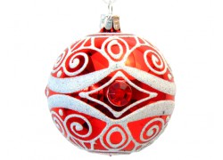 Vianočné gule 8cm, červeno biely dekor s červeným kameňom  www.sklenenevyrobky.cz
