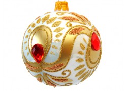 Vianočné gule 8cm, zlatý dekor Roma, s červenými kameňmi  www.sklenenevyrobky.cz
