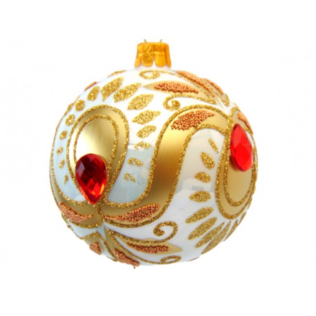 Weihnachtsbälle 8cm, goldene Dekor Roma, mit roten Steinen  www.sklenenevyrobky.cz