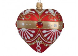 Vianočná ozdoba v tvare srdca - na vianočný stromček, červeno-zlatý dekor  www.sklenenevyrobky.cz