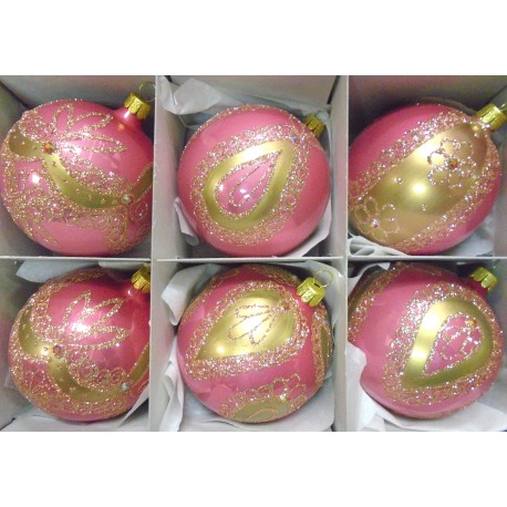 Vánoční koule - set 6ks vánočně dekorovaných koulí 8cm, růžovo zlatý   www.sklenenevyrobky.cz