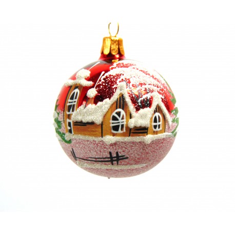 Weihnachtskugeln 6cm Rot Dekor schneebedeckte Häuser und Kirche          www.glas-produkte.com