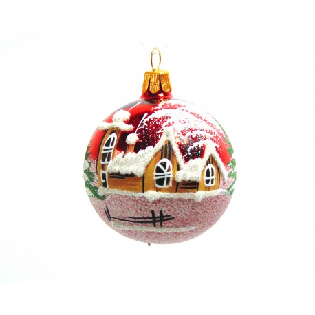 Weihnachtskugeln 6cm Rot Dekor schneebedeckte Häuser und Kirche          www.glas-produkte.com