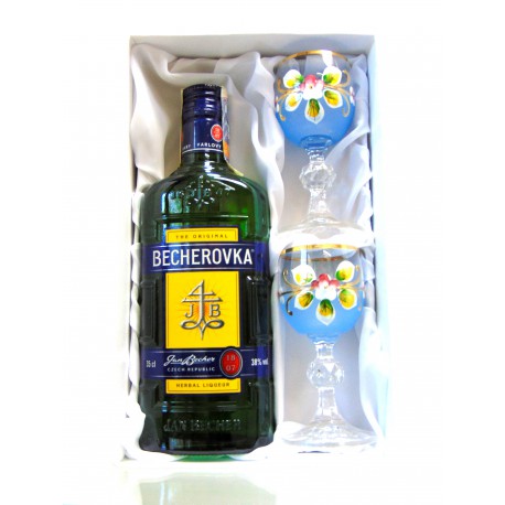 Darčekový set flaša Becher malované poháre modré   www.sklenenevyrobky.cz